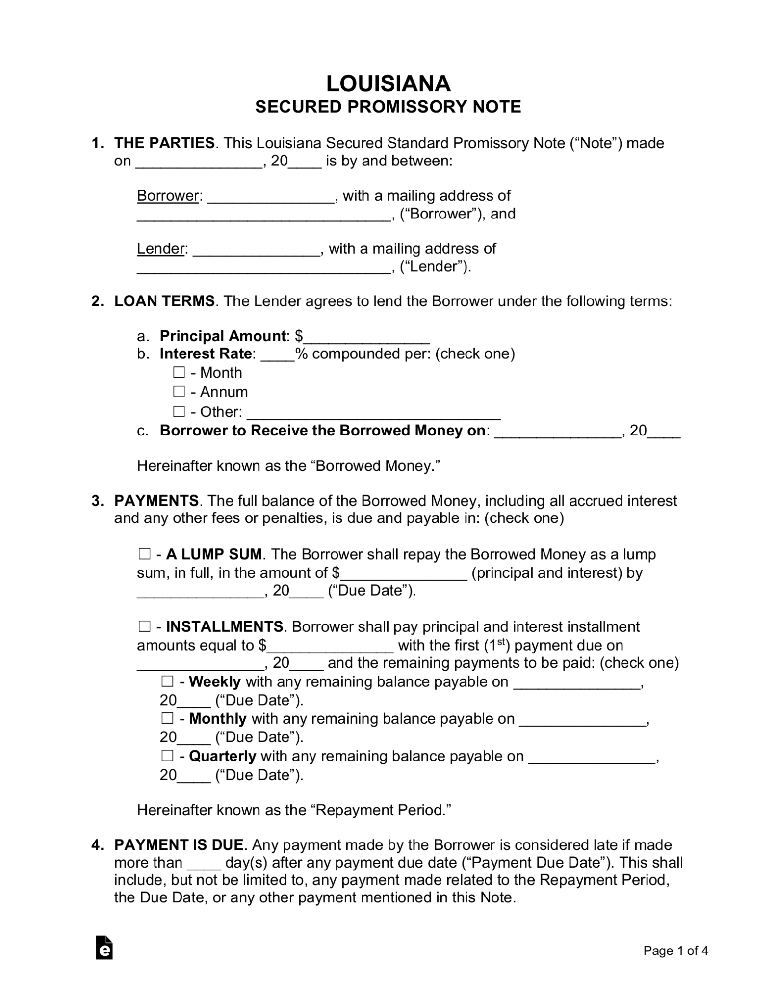 Free Louisiana Secured Promissory Note Template – Word | Pdf – Eforms Within Promissory Note Loan Template
