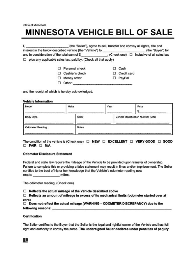 Free Minnesota Bill Of Sale Forms – Pdf & Word | Legal Templates Within Legal Bill Of Sale Template