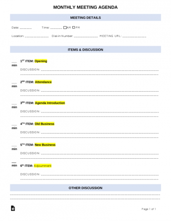 Free Monthly Meeting Agenda Template | Sample - Pdf | Word - Eforms Within Monthly Meeting Calendar Template