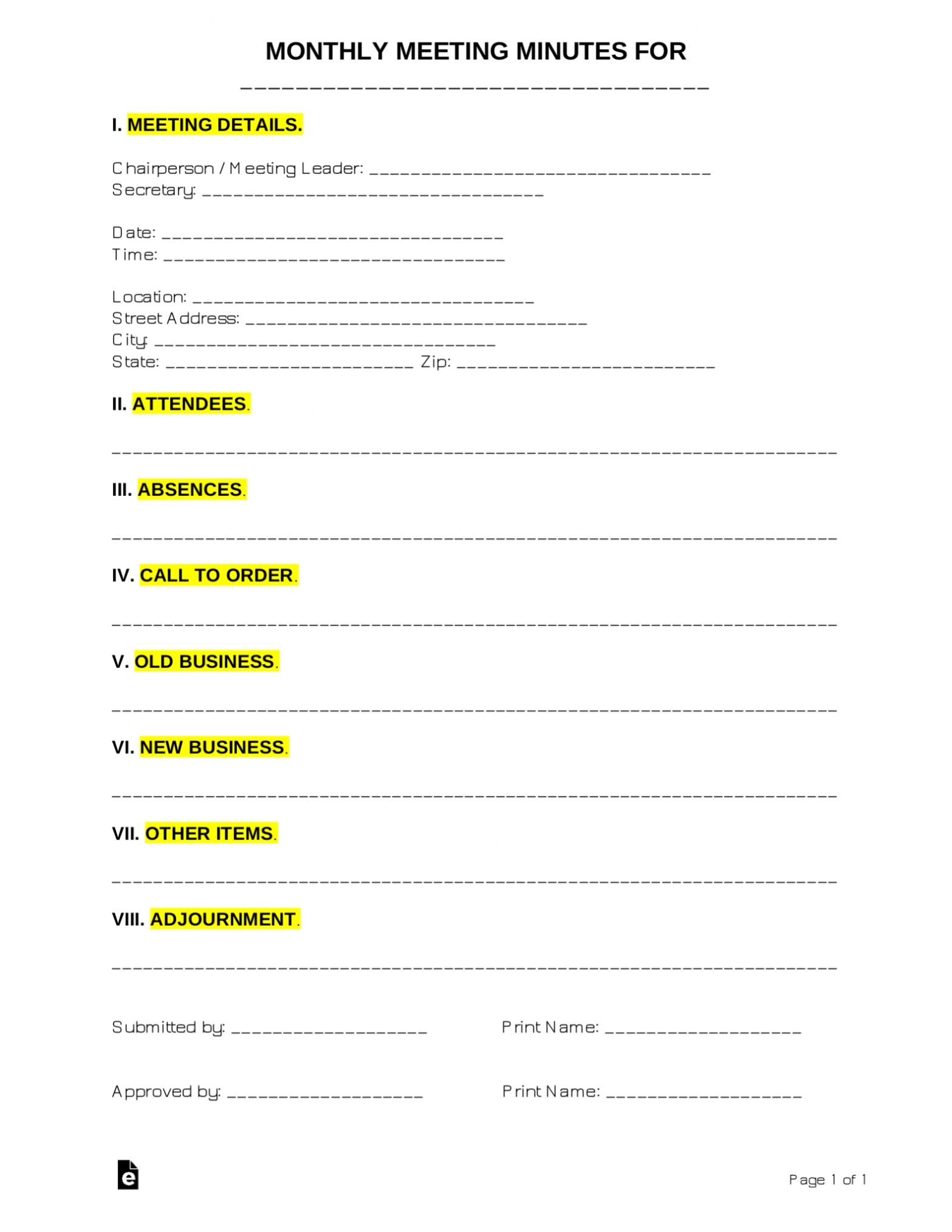 Free Monthly Meeting Minutes Template | Sample – Pdf | Word – Eforms Inside Minutes Of The Meeting Template