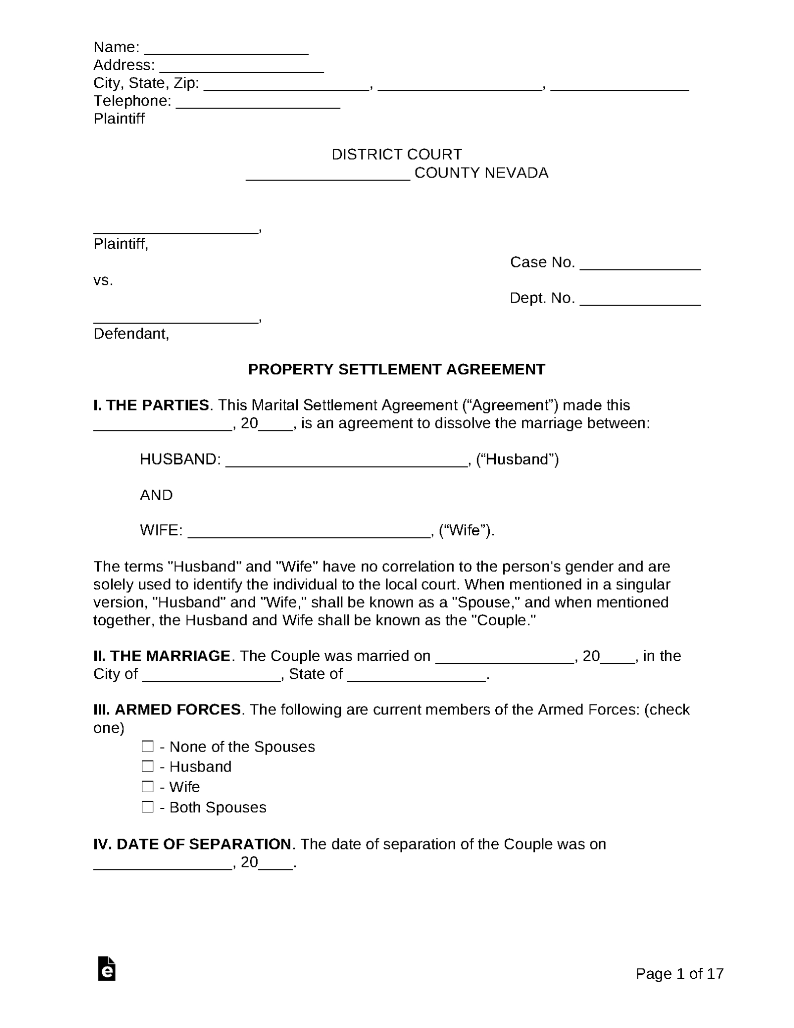 Free Nevada Marital Settlement Agreement - Pdf | Word | Eforms Intended For Property Settlement Agreement Sample