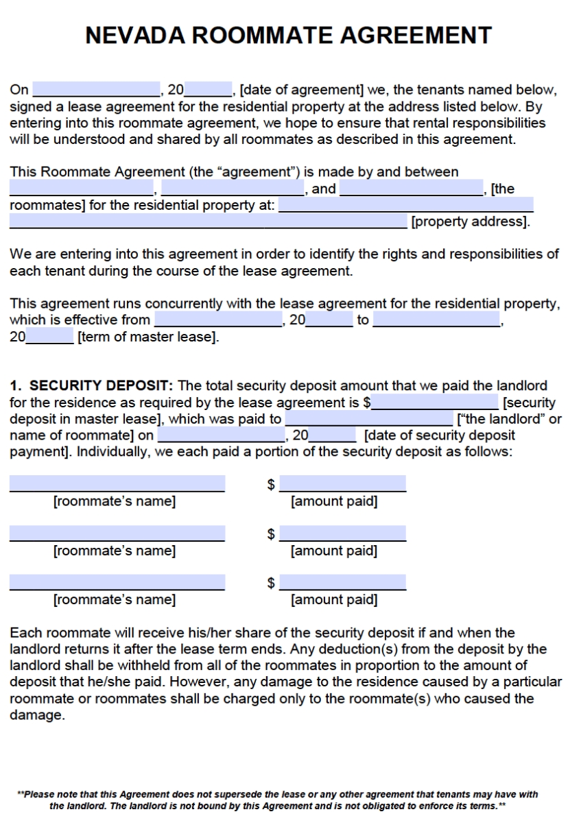 Free Nevada Roommate Agreement Template - Pdf - Word For Free Roommate Rental Agreement Template