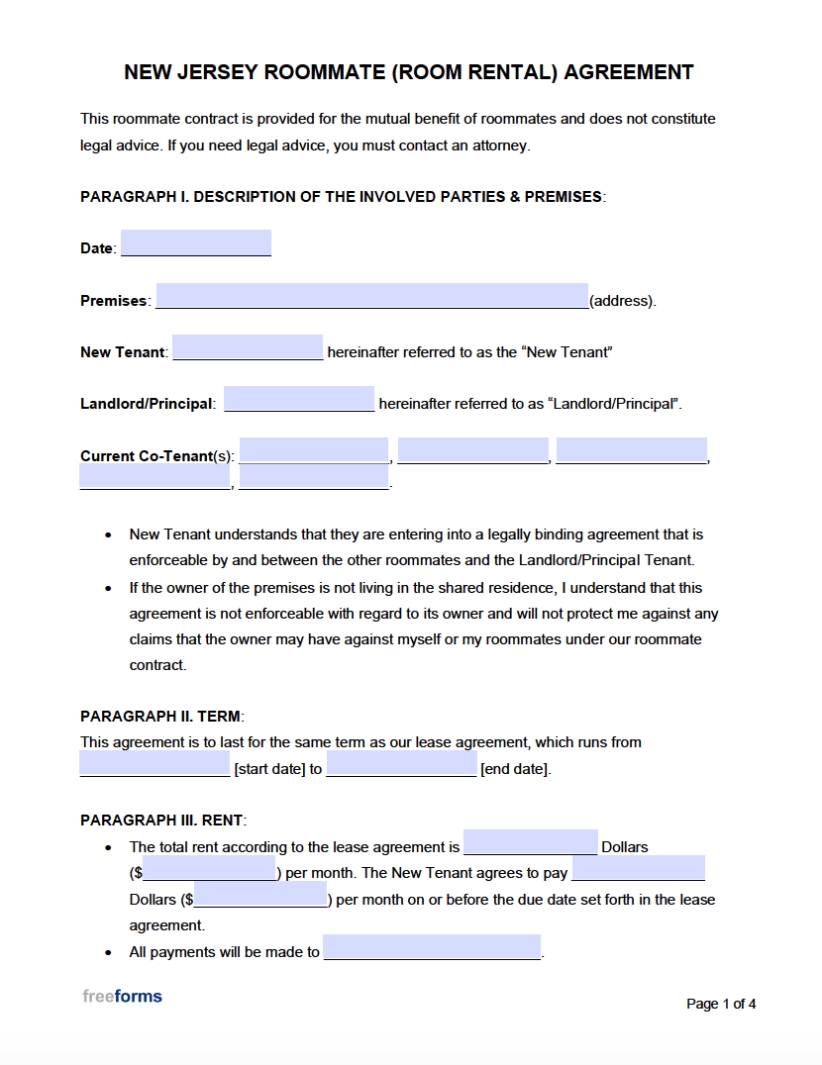 Free New Jersey Roommate (Room Rental) Agreement Template | Pdf | Word Inside Multiple Tenant Lease Agreement Template