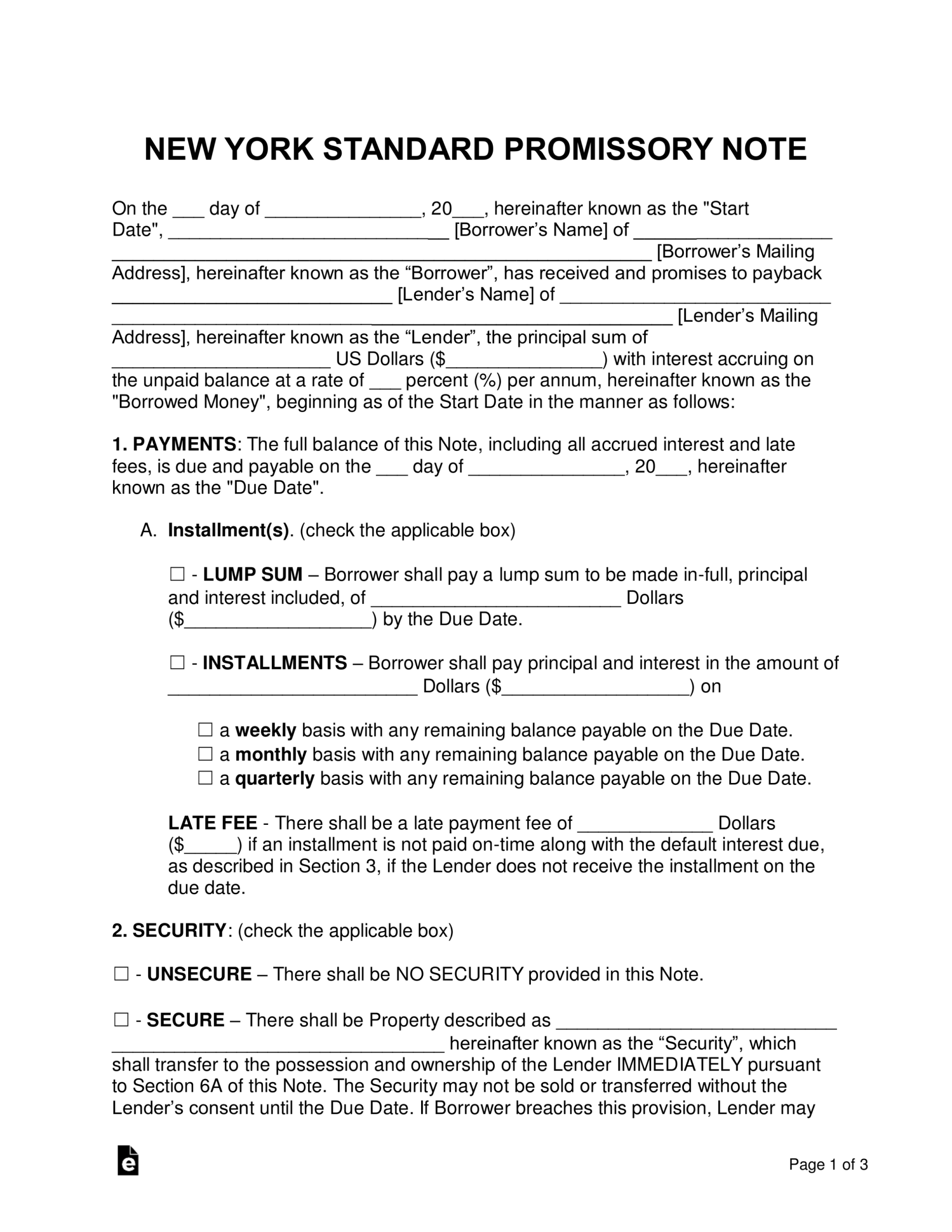 Free New York Promissory Note Templates - Word | Pdf - Eforms within Promissory Notes Templates