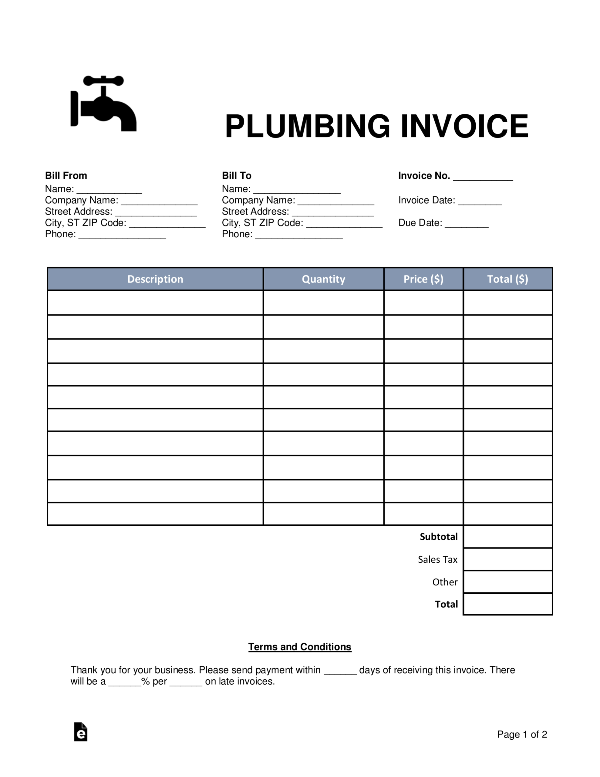 Free Plumbing Invoice Template – Word | Pdf – Eforms In Plumbing Proposal Template