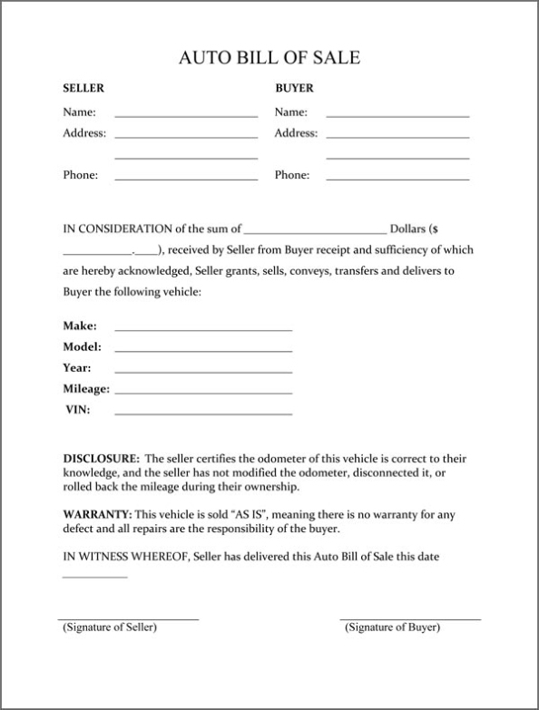 Free Printable Free Car Bill Of Sale Template Form (Generic) In Golf Cart Rental Agreement Template