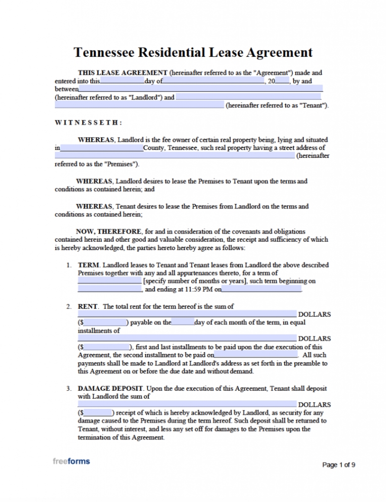 Free Tennessee Rental Lease Agreement Templates | Pdf | Word Within Free Tenant Lease Agreement Template