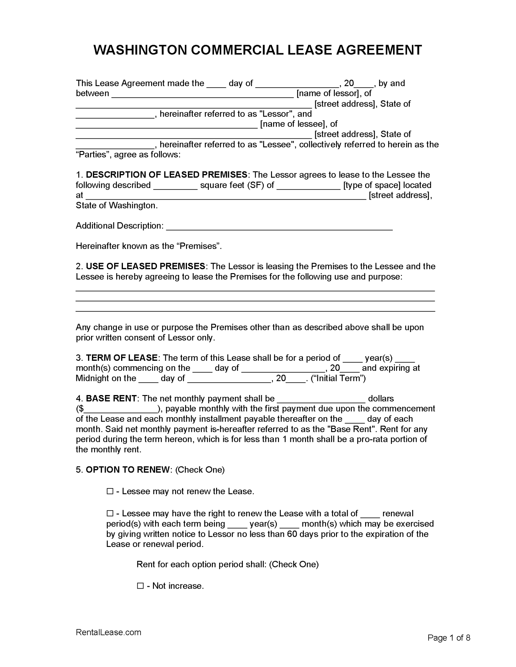 Free Washington Commercial Lease Agreement Template | Pdf | Word Throughout Commercial Lease Agreement Template Word