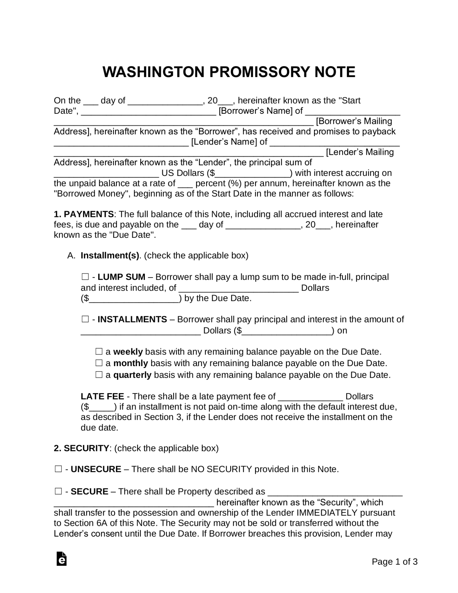 Free Washington Promissory Note Templates - Pdf | Word - Eforms Inside Loan Promissory Note Template