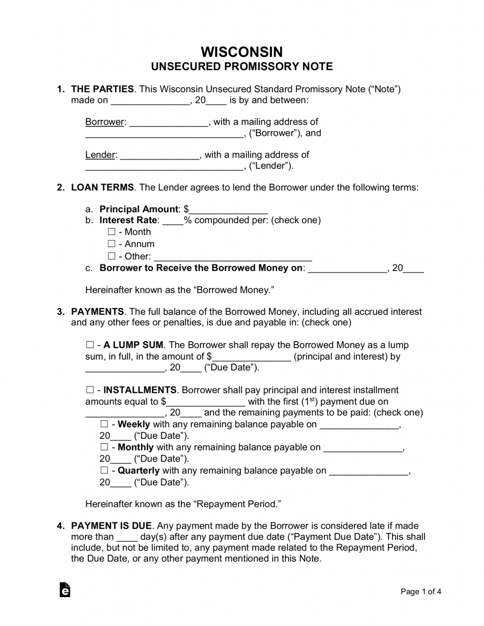 Free Wisconsin Unsecured Promissory Note Template – Pdf | Word – Eforms Throughout Promisorry Note Template