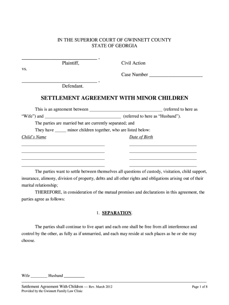 Georgia Settlement Agreement - Fill Out And Sign Printable Pdf Template with unmarried separation agreement template