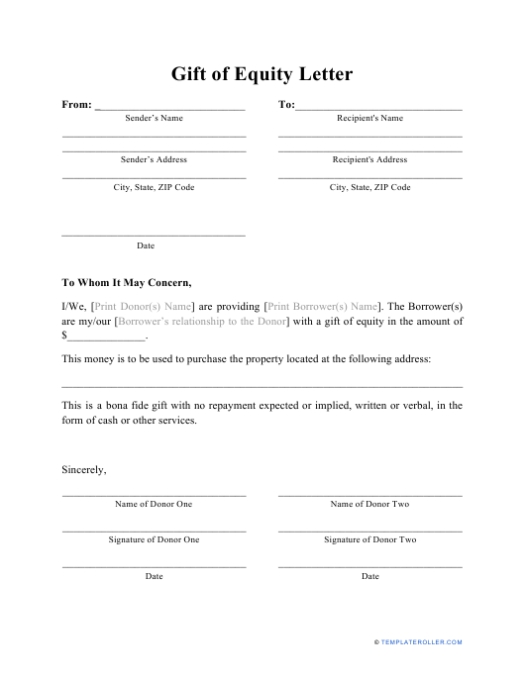 Gift Of Equity Letter Template Download Printable Pdf | Templateroller for Bequest Letter Template