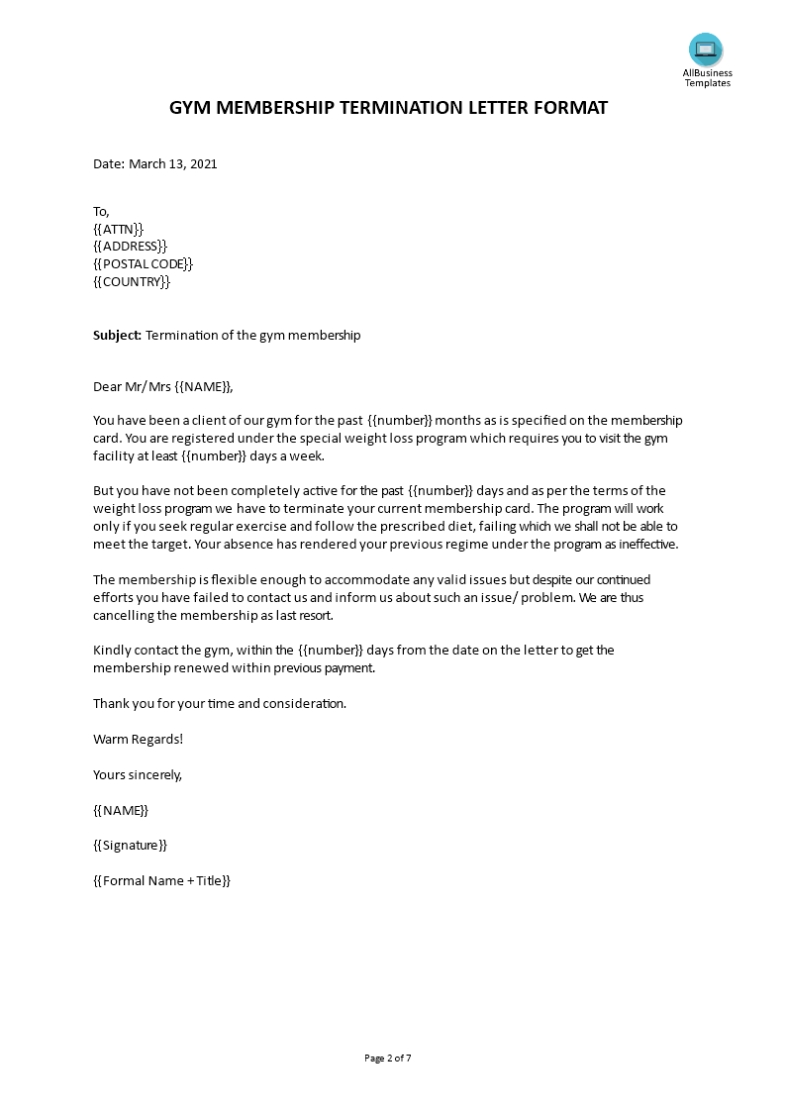 Gym Membership Termination Letter | Templates At Allbusinesstemplates Throughout Gym Membership Cancellation Letter Template Free