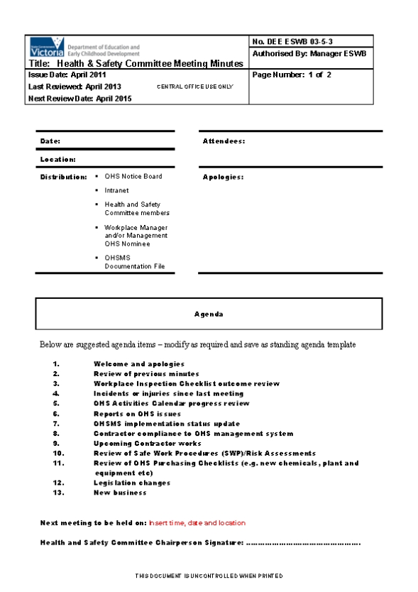 Health And Safety Committee Meeting Minutes Template | Resume Examples In Safety Meeting Minutes Template