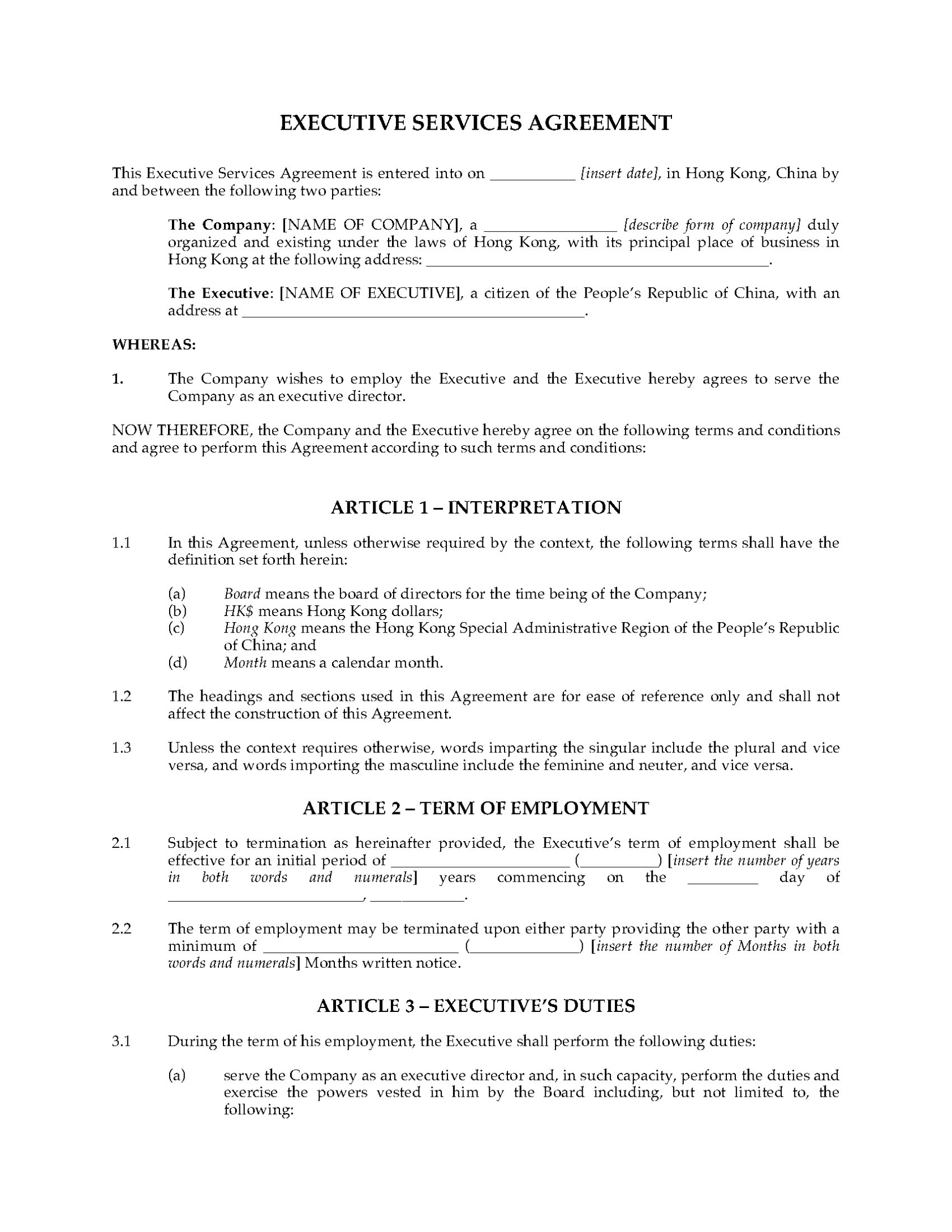 Hong Kong Executive Services Agreement | Legal Forms And Business inside Directors Service Agreement Template