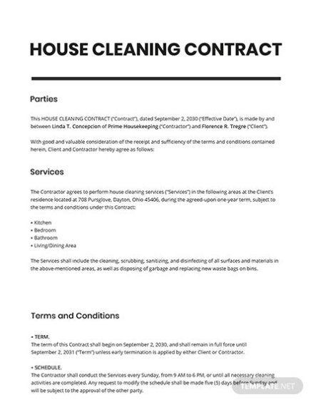House Cleaning Contract Template - Google Docs, Word | Template for Cleaning Business Contract Template