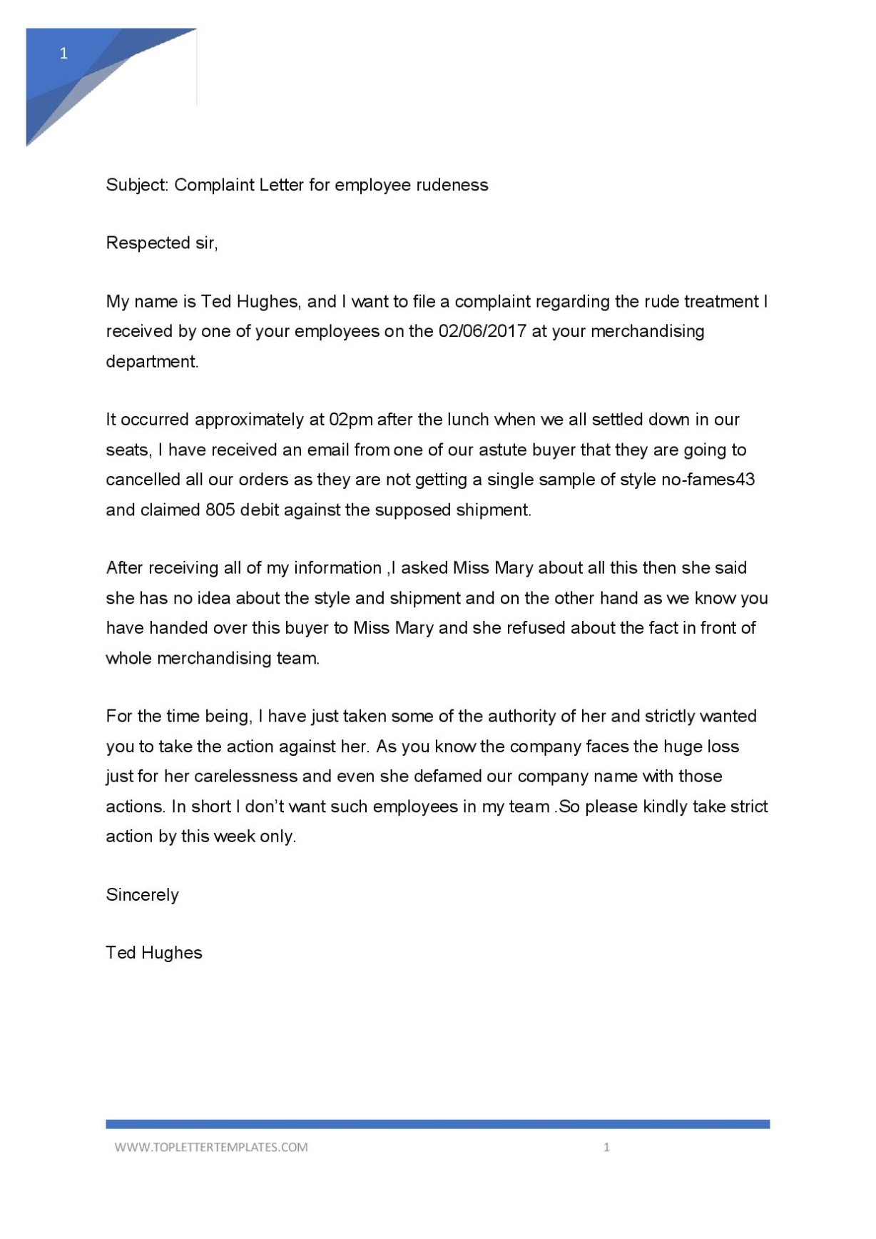 How To Write A Complaint Letter About An Employee Rudeness – Top Letter Intended For Grievance Template Letters