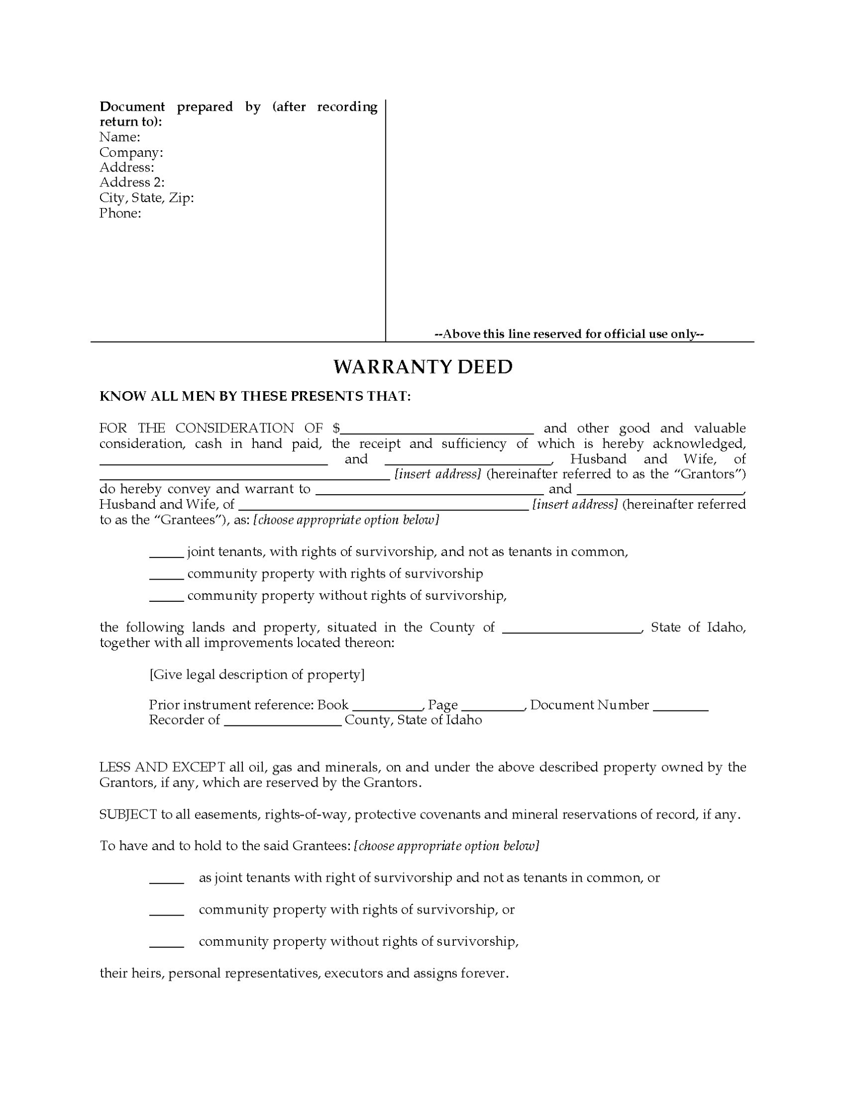 Idaho Warranty Deed For Joint Ownership | Legal Forms And Business With Joint Property Ownership Agreement Template