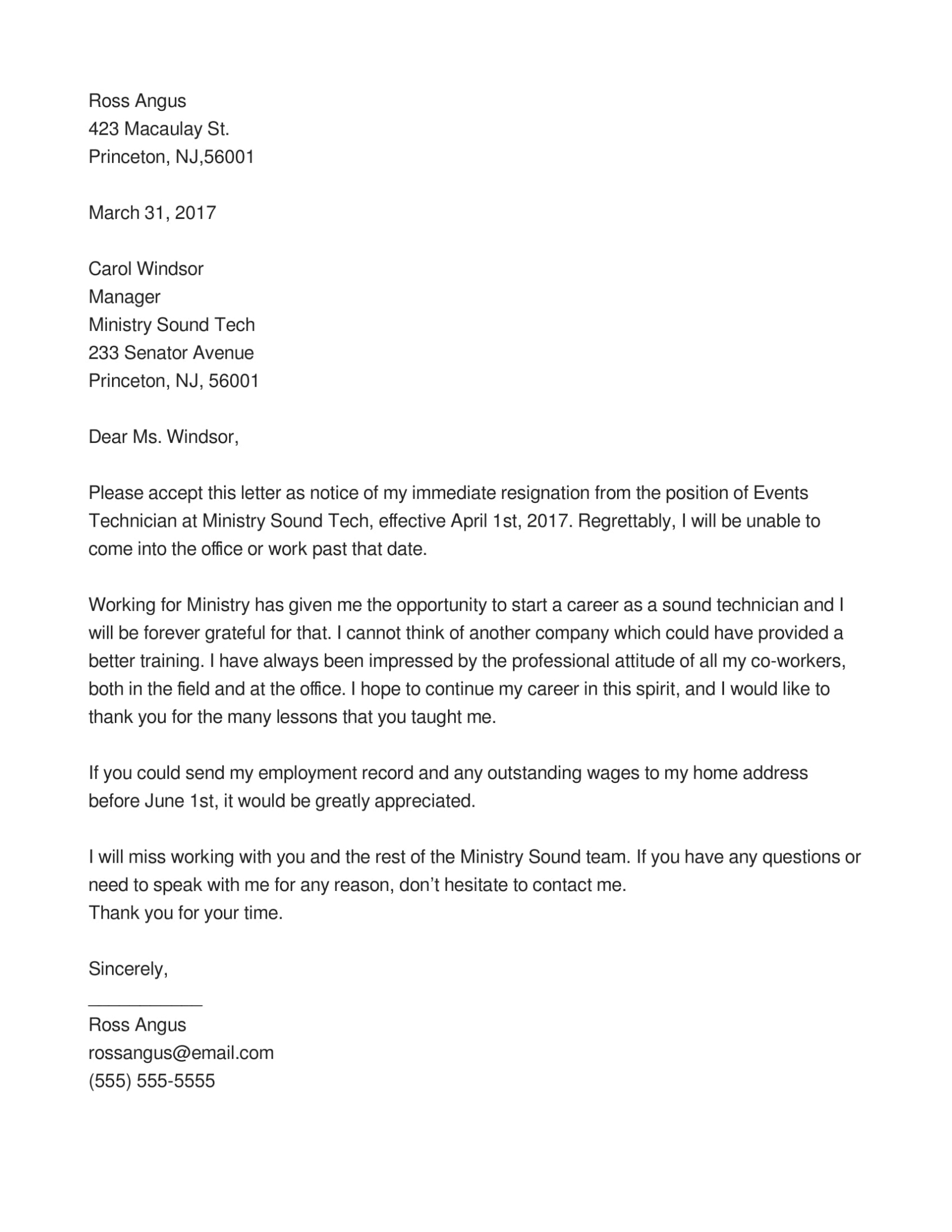 Immediate Resignation Letter - 15+ Examples, Format, Sample | Examples throughout Draft Letter Of Resignation Template