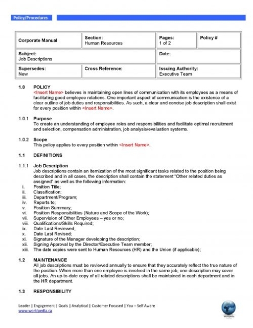 Job Descriptions Policy Within Overtime Agreement Template