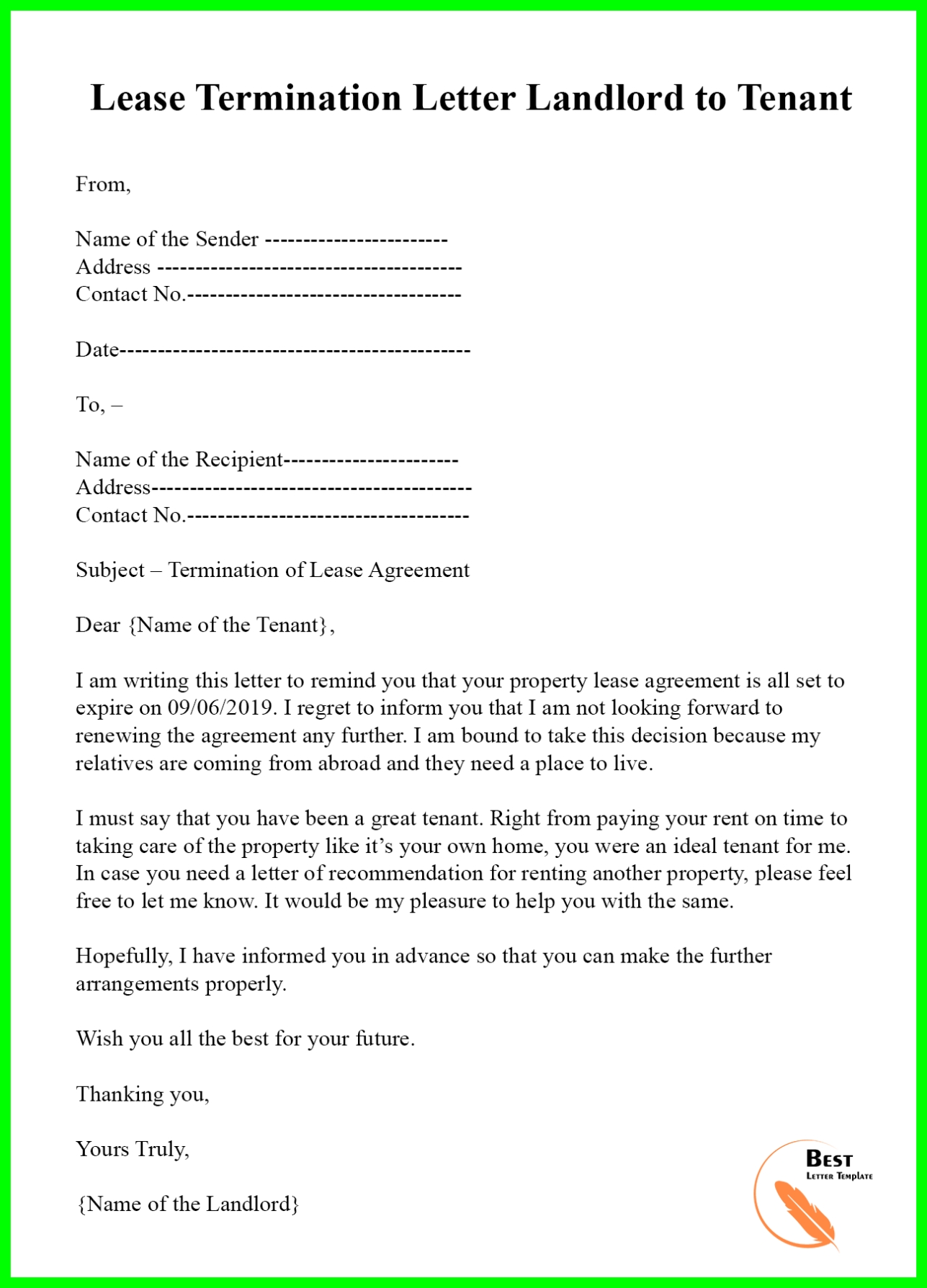Lease Termination Letter Template - Format, Sample &amp; Example inside cancellation of lease agreement template