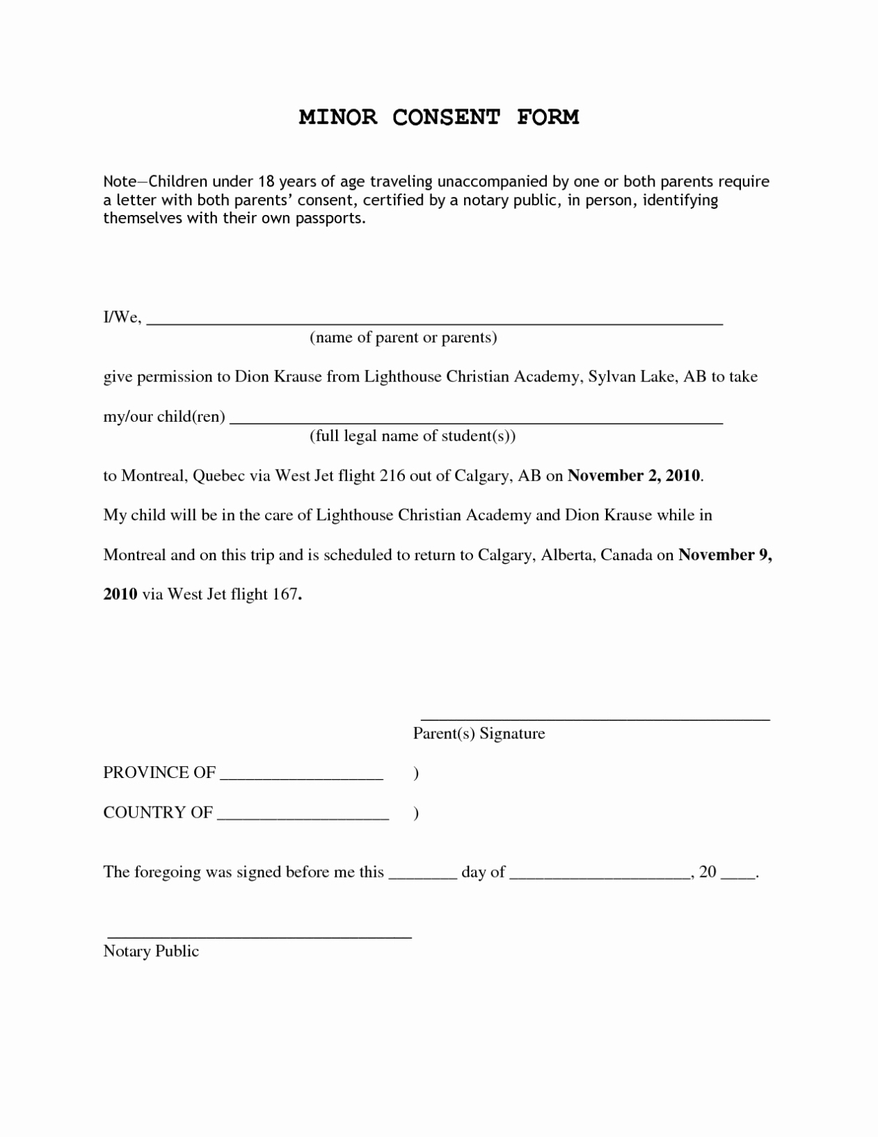 Letter Of Consent For Travel Of A Minor Child Template Examples Regarding Notarized Letter Template For Child Travel
