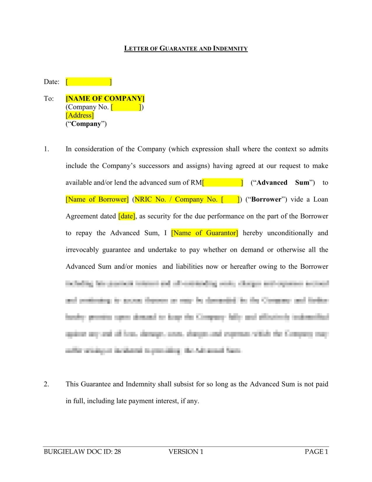 Letter Of Guarantee And Indemnity (Lender) Template - Burgielaw Regarding Letter Of Guarantee Template