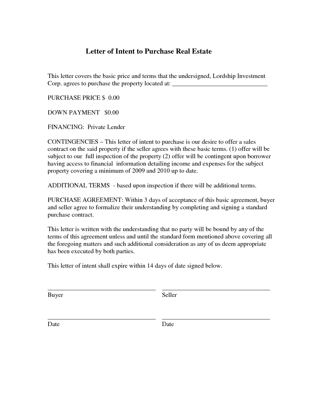 Letter Of Intent To Purchase Land Template Samples – Letter Template For Letter Of Intent For Real Estate Purchase Template