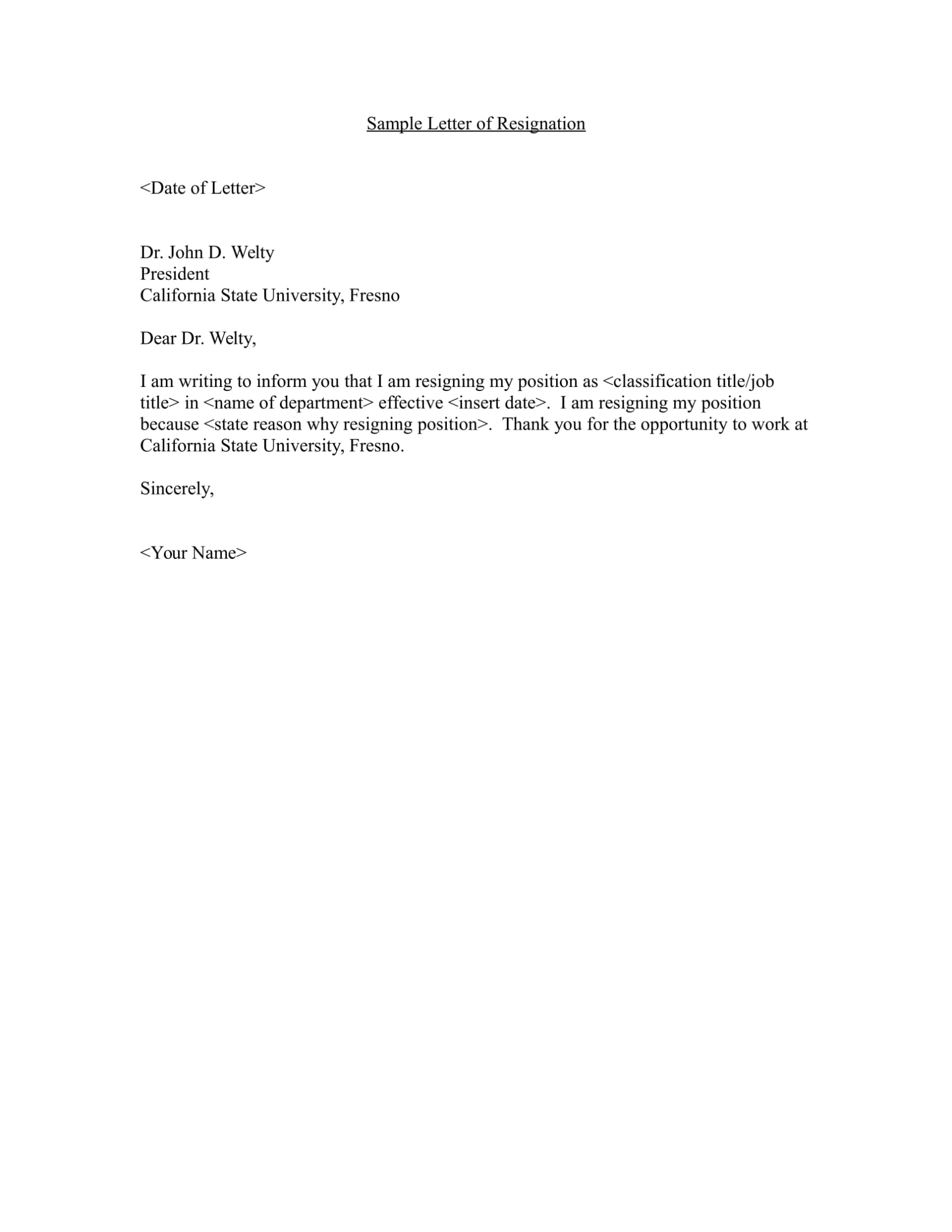 Letter Of Resignation Example – Sample Resignation Letter In Standard Resignation Letter Template