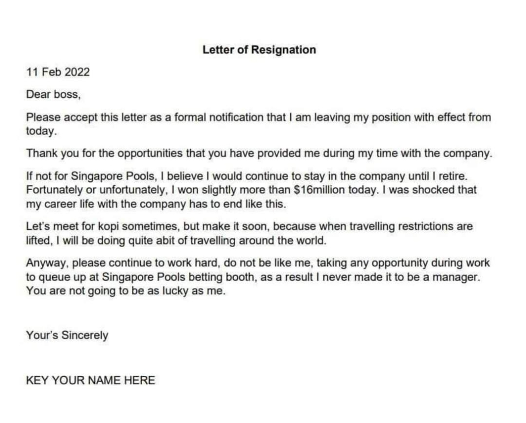 Letter Of Resignation Template For Monday : Singapore Inside Template For Resignation Letter Singapore