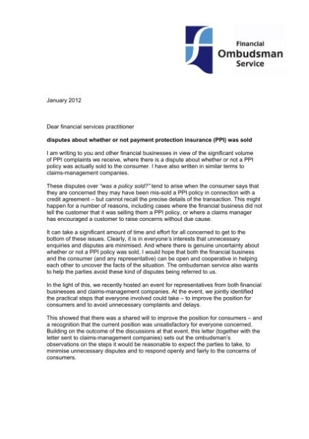 Letter To Financial Businesses Financial Ombudsman Service Intended For Ppi Claim Form Template Letter