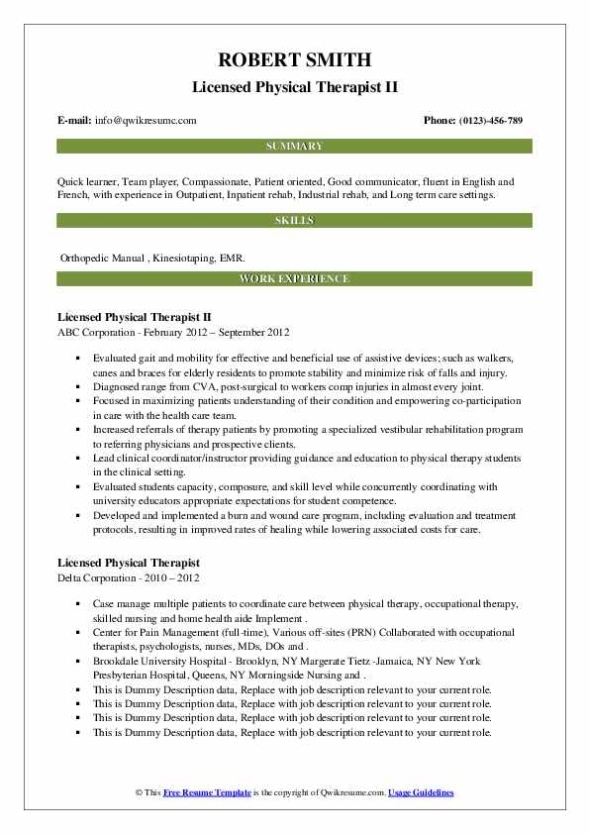 Licensed Physical Therapist Resume Samples | Qwikresume With Master Risk Participation Agreement Template