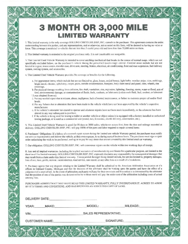Limited Warranty | Golling Cdjr | Bloomfield & Birmingham, Mi Intended For Car Warranty Agreement Template