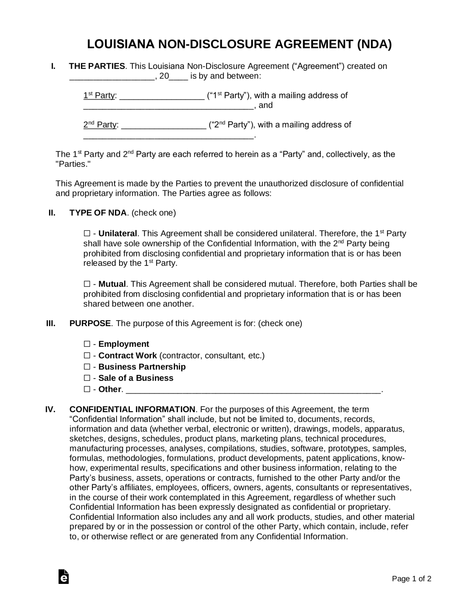 Louisiana Non Disclosure Agreement (Nda) Template – Eforms With Regard To Unilateral Non Disclosure Agreement Template