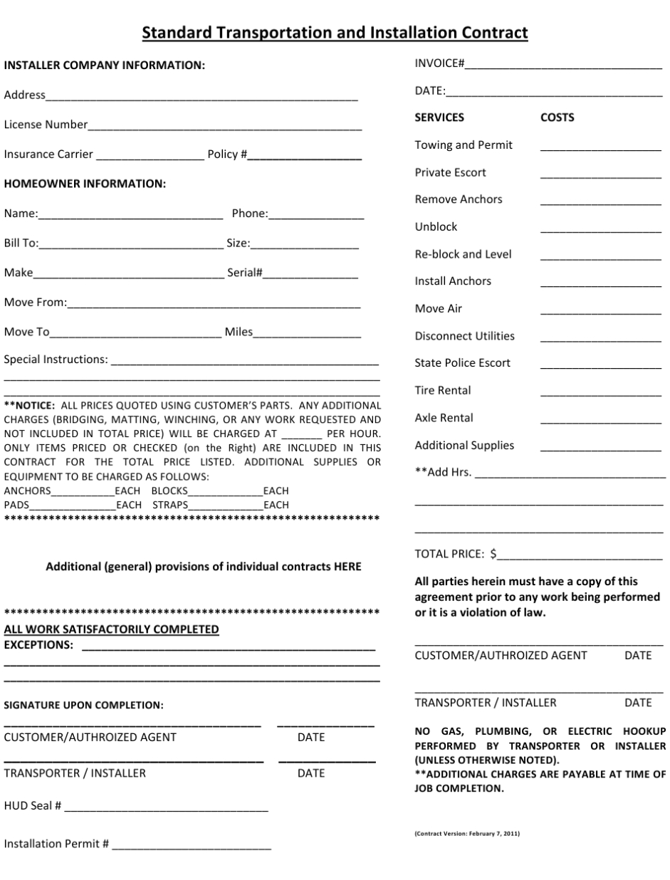 Louisiana Standard Transportation And Installation Contract Form Inside Towing Service Agreement Template