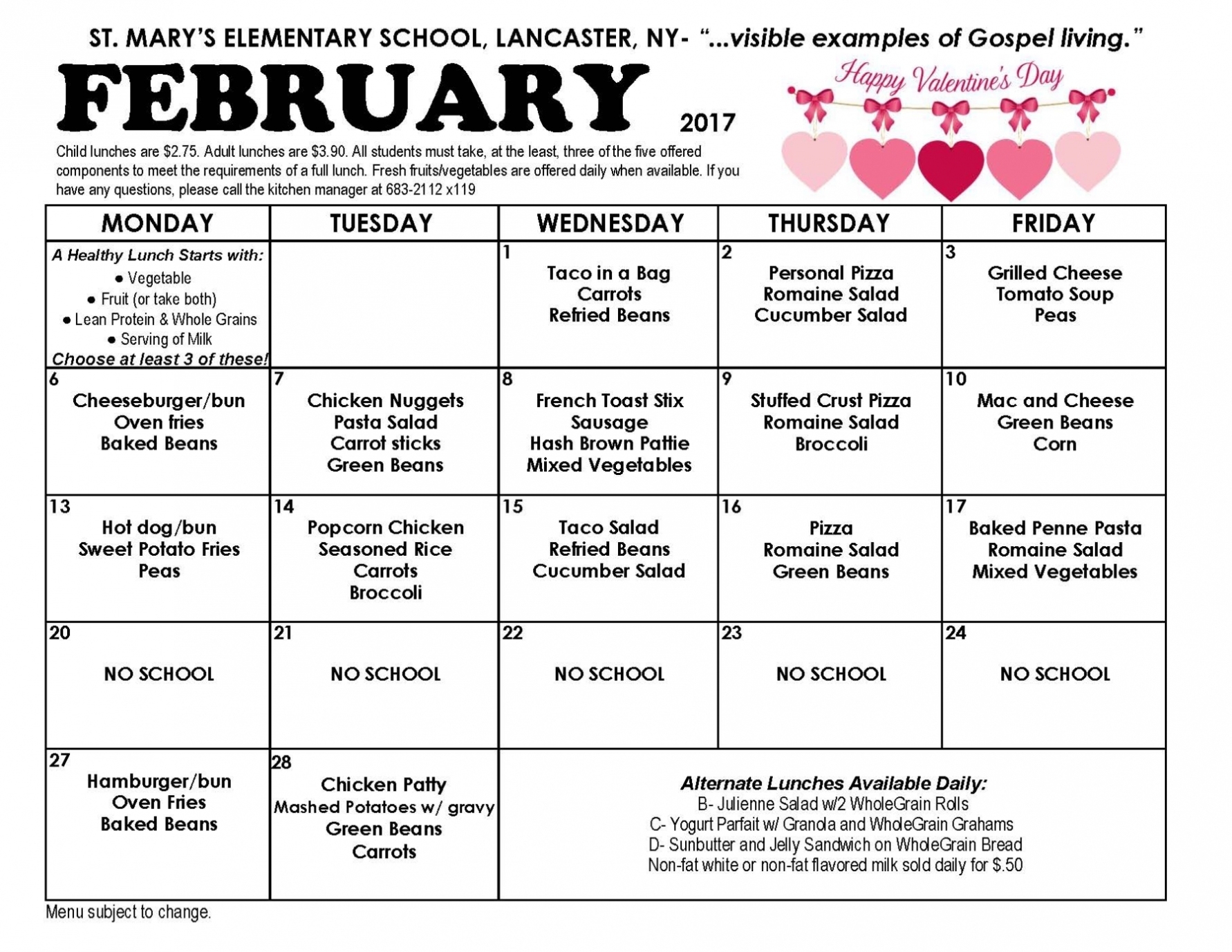 Lunch Menu | St. Mary'S Elementary School - Lancaster, Ny Throughout School Lunch Menu Template