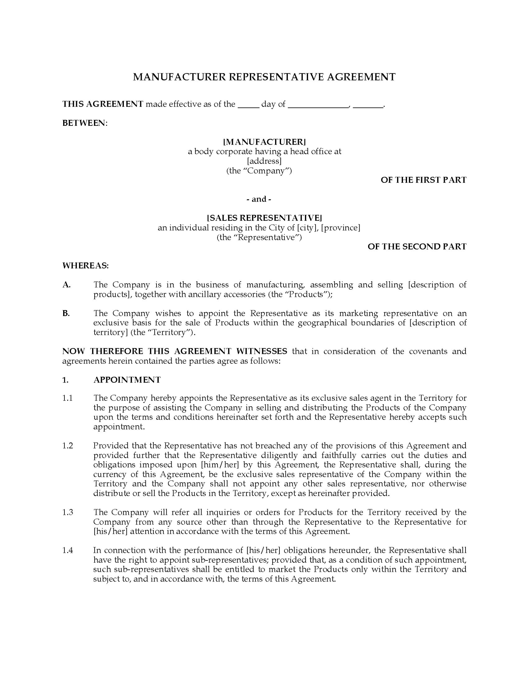 Manufacturing Representative Agreement | Legal Forms And Business For Legal Representation Agreement Template