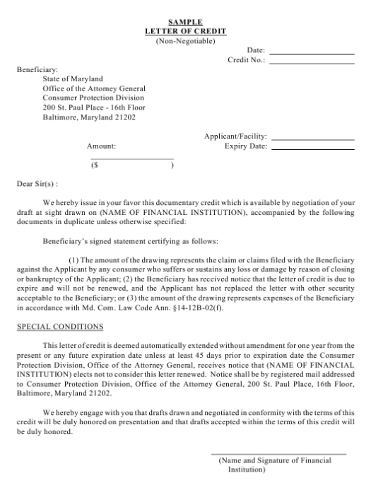 Maryland Letter Of Credit (Non Negotiable) – Sample Download Printable Inside Letter Of Credit Draft Template