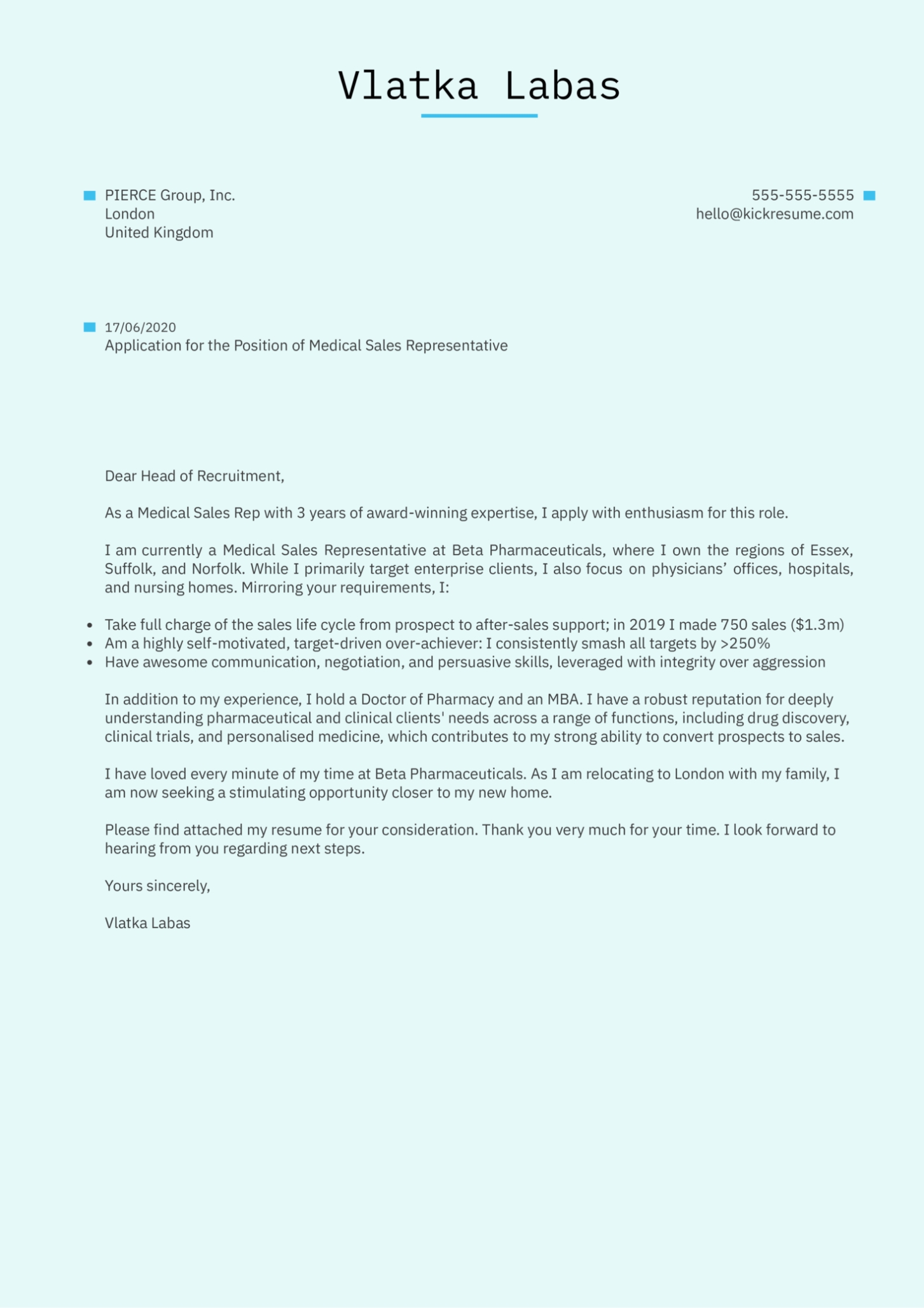 Medical Sales Representative Cover Letter Example | Kickresume In Letter To Congressman Template