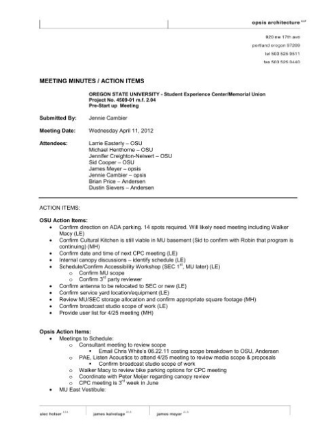 Meeting Minutes / Action Items - Memorial Union - Oregon State With Regard To Meeting Notes Template With Action Items
