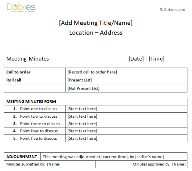 Meeting Minutes Sample (Plain Table Format) - Dotxes With Regard To Standard Minutes Of Meeting Template