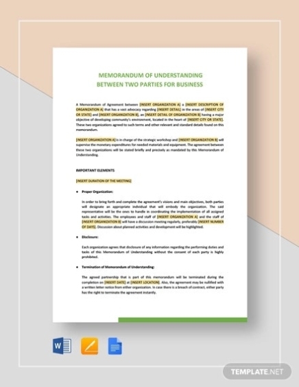 Memorandum Of Understanding Template – 20+ Word, Pdf, Google Docs Throughout Template For Memorandum Of Understanding In Business