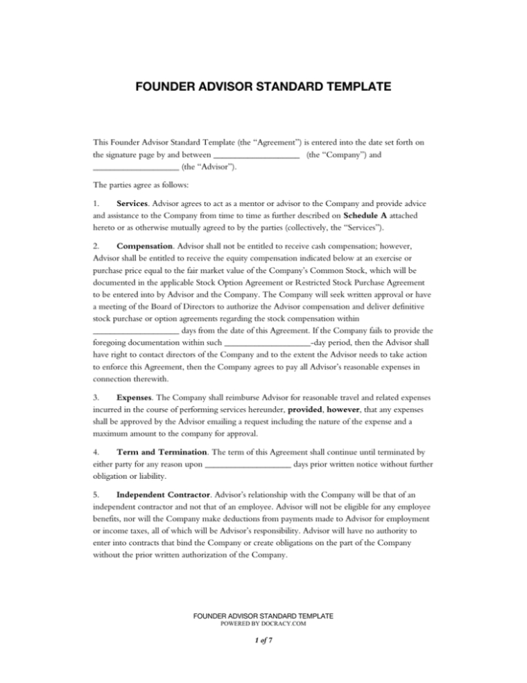 Mentor / Advisor Equity Agreement For Restricted Stock Purchase Agreement Template