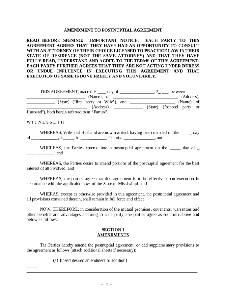Mississippi Postnuptial Agreement Doc Template | Pdffiller Within Post Nuptial Agreement Template