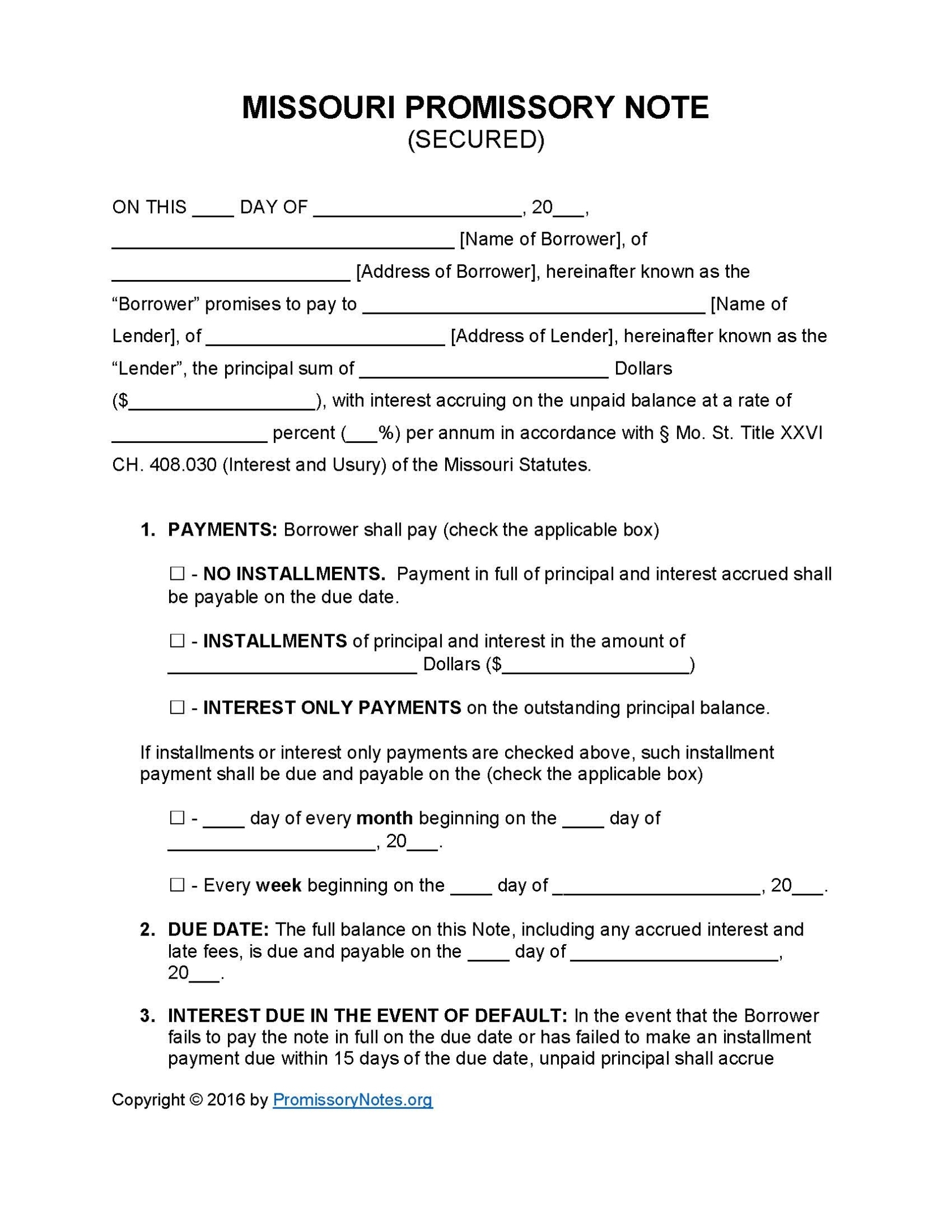 Missouri Secured Promissory Note Template – Promissory Notes Throughout Promissory Notes Templates