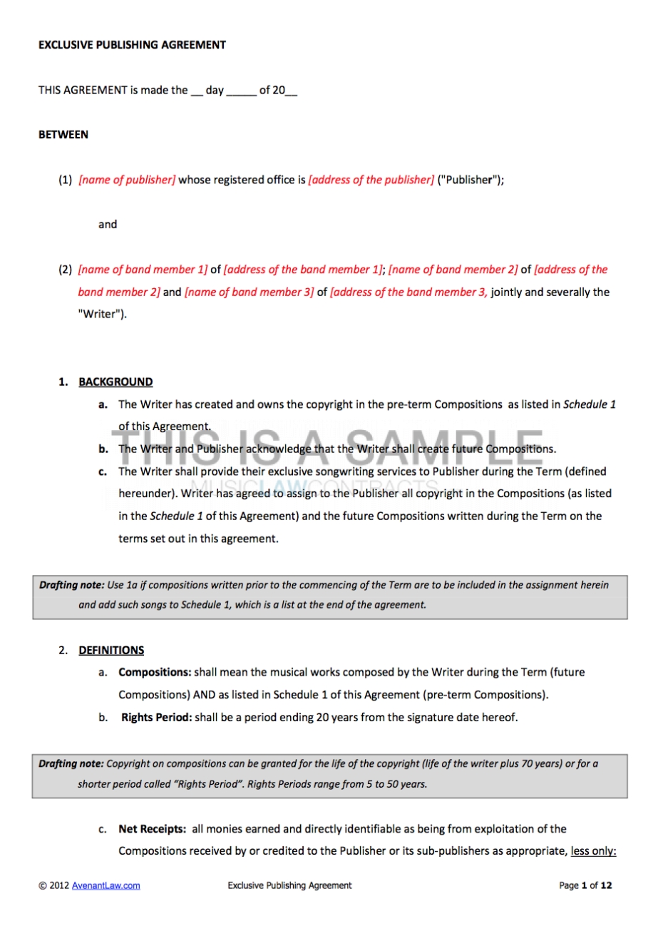 Music Publishing Contract Template With Songwriter Agreement Template