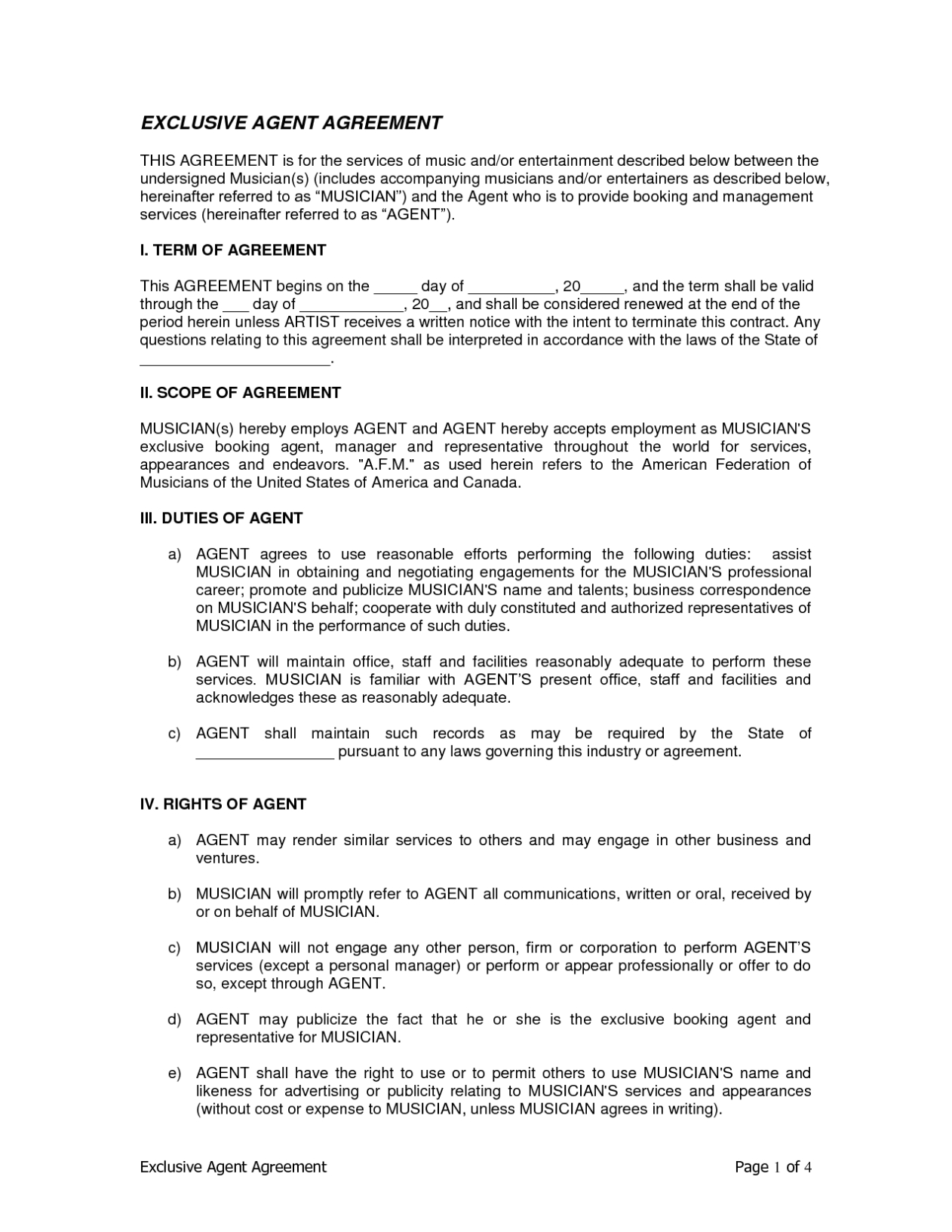 Musician Contract - Free Printable Documents Intended For Songwriter Agreement Template