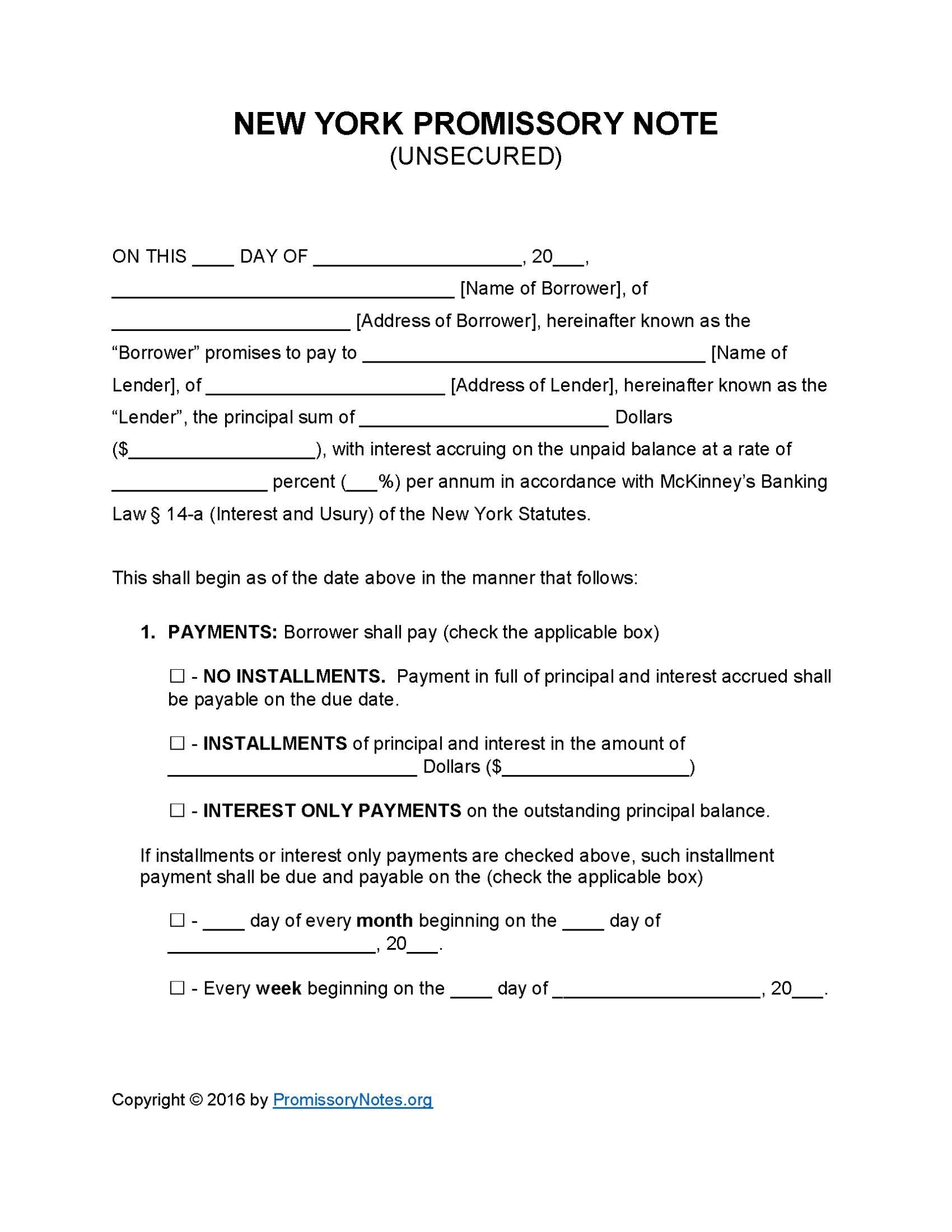 New York Unsecured Promissory Note Template - Promissory Notes in Promissory Note Template Free Download