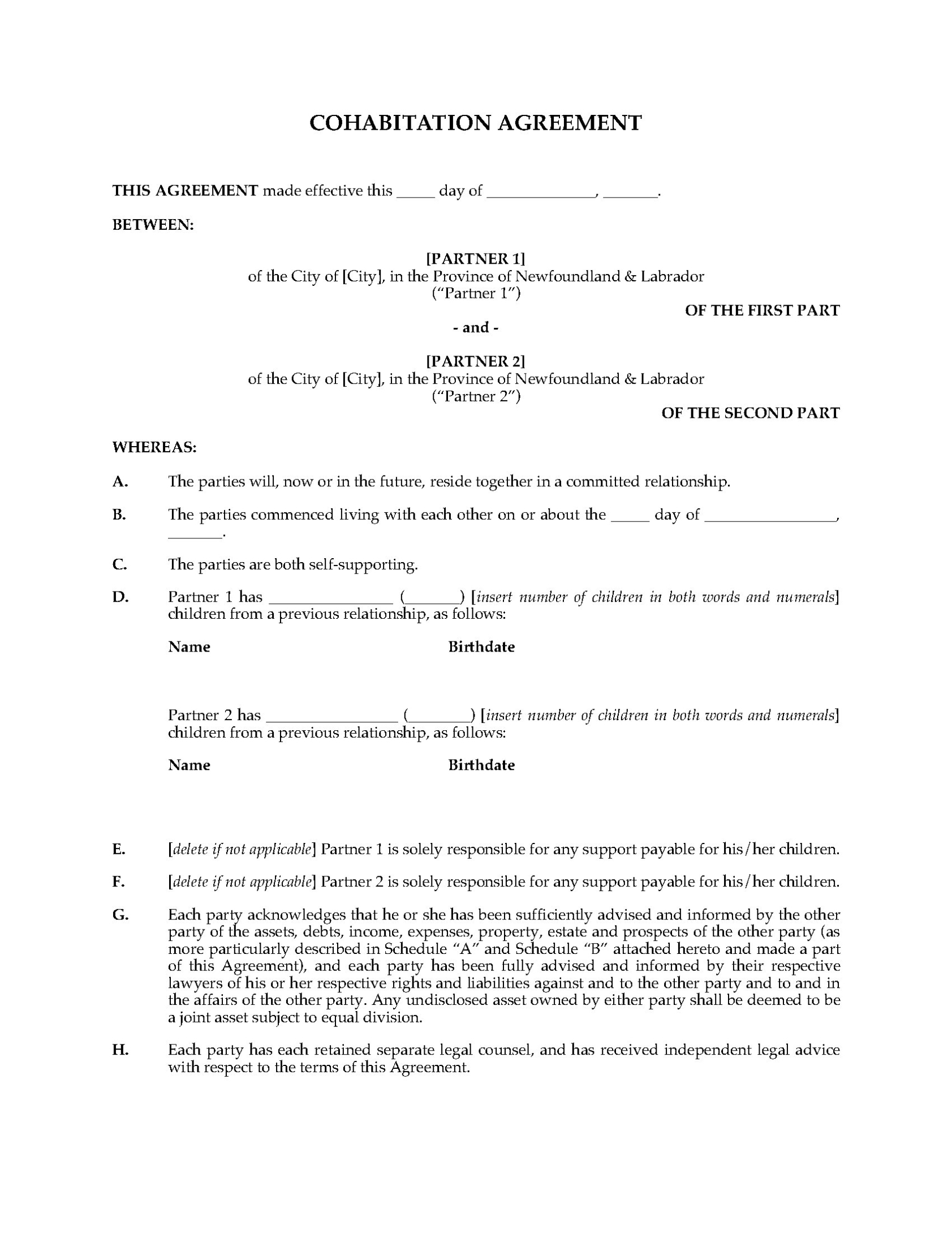Newfoundland Cohabitation Agreement | Legal Forms And Business with regard to Free Cohabitation Agreement Template