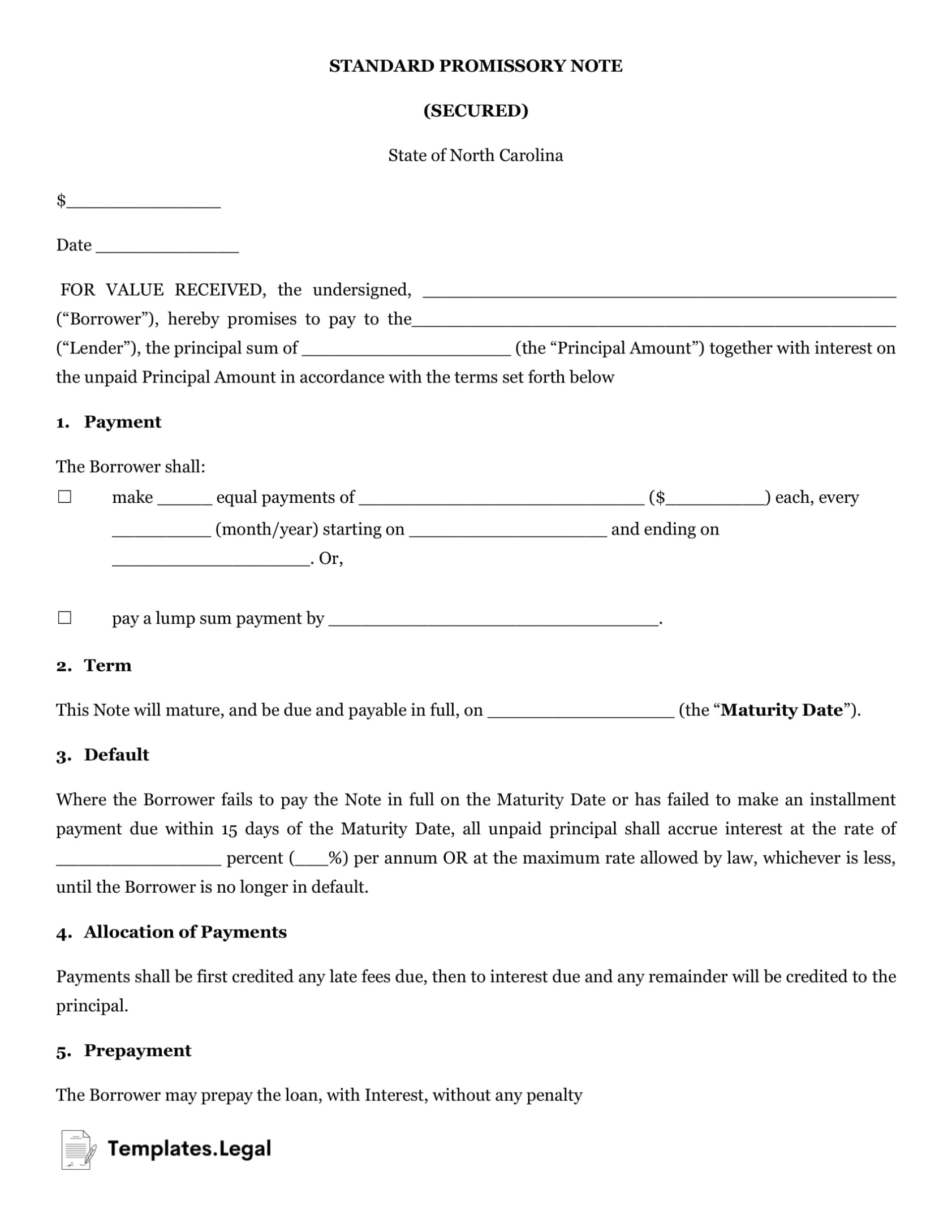 North Carolina Promissory Note Templates (Free) [Word, Pdf, Odt] Pertaining To Secured Promissory Note Template